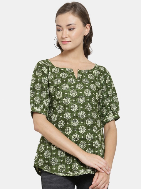 

Enchanted Drapes Green & White Block Print Jaipuri Pure Cotton Top