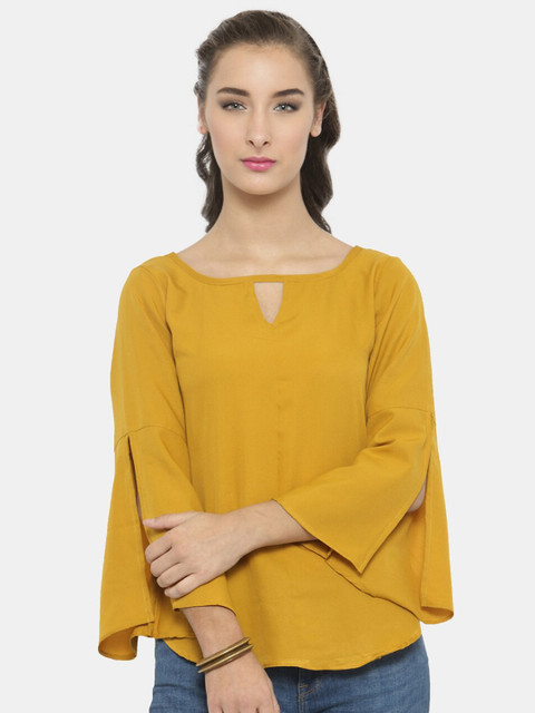 

Enchanted Drapes Mustard Yellow Keyhole Neck Crepe Top