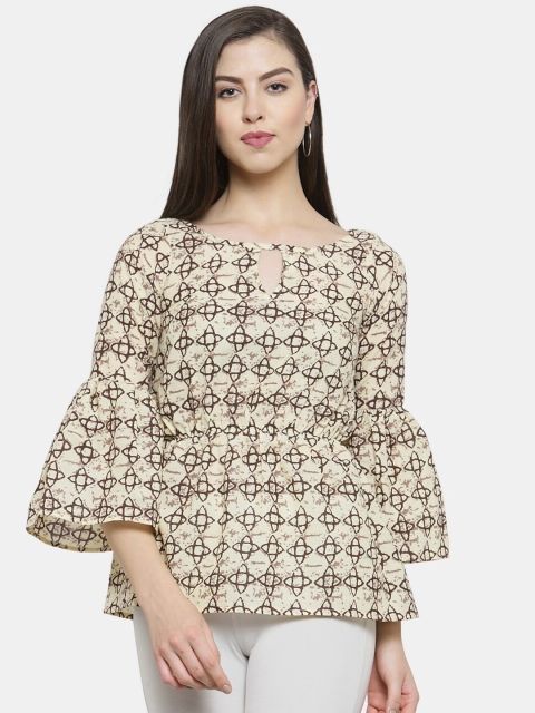 

Enchanted Drapes Yellow & Brown Print Keyhole Neck Jaipuri Pure Cotton Peplum Top
