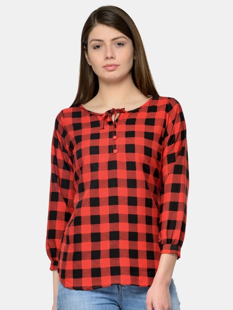 

Enchanted Drapes Red & Black Checked Tie-Up Neck Crepe Top