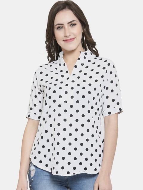 

Enchanted Drapes White & Black Polka Dot Print Mandarin Collar Crepe Shirt Style Top