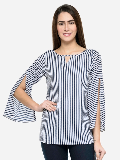 

Enchanted Drapes Blue & White Striped Keyhole Neck Crepe Top