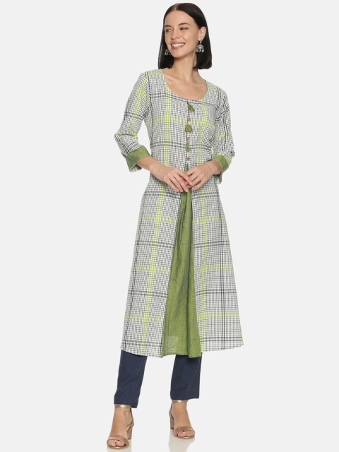 

Saffron Threads Women Green Checked Kurta with Tassels