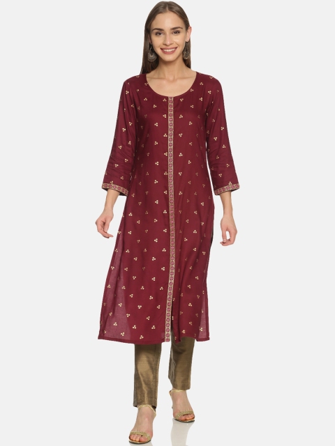 

Saffron Threads Women Burgundy & Gold-Toned Bandhani Printed Thread Work Kurta