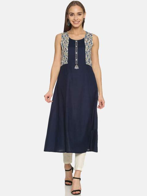 

Saffron Threads Women Navy Blue & White Printed Thread Work Kurta with Mock Jacket