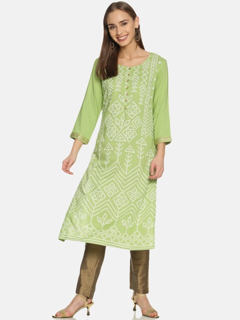 

Saffron Threads Women Lime Green Bandhani Printed Pastels Kurta