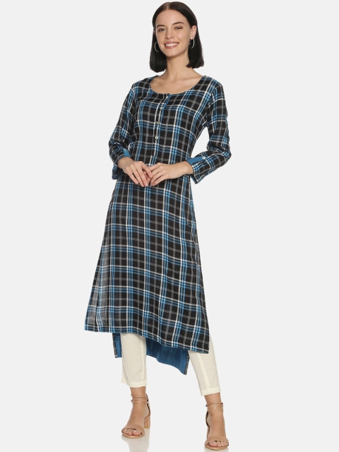 

Saffron Threads Women Blue & Black Checked Pure Cotton Kurta