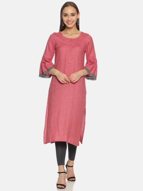 

Saffron Threads Women Red Checked Pure Cotton Dobby Kurta