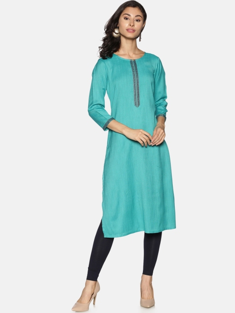 

Saffron Threads Women Turquoise Blue Kurta With Embroidery Placket