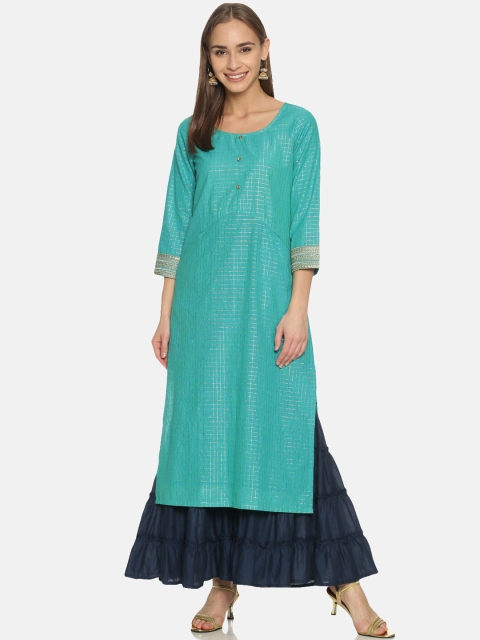 

Saffron Threads Woman Turquoise Blue Checked Kurta