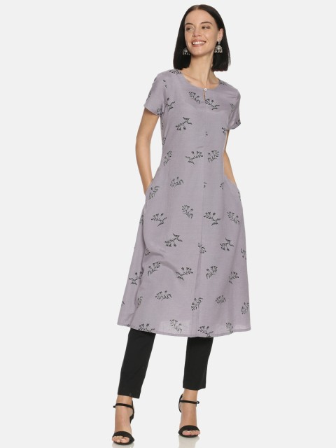 

Saffron Threads Women Lavender & Black Floral Printed Keyhole Neck Kurta