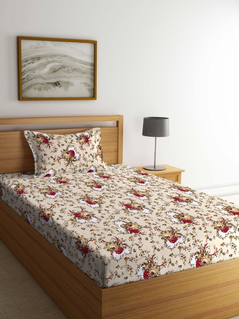 

KLOTTHE Beige & Red Floral 210 TC Single Bedsheet with 1 Pillow Cover