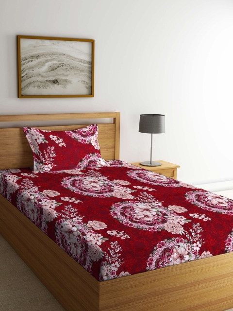 

KLOTTHE Maroon & Brown Floral 210 TC Single Bedsheet with 1 Pillow Covers