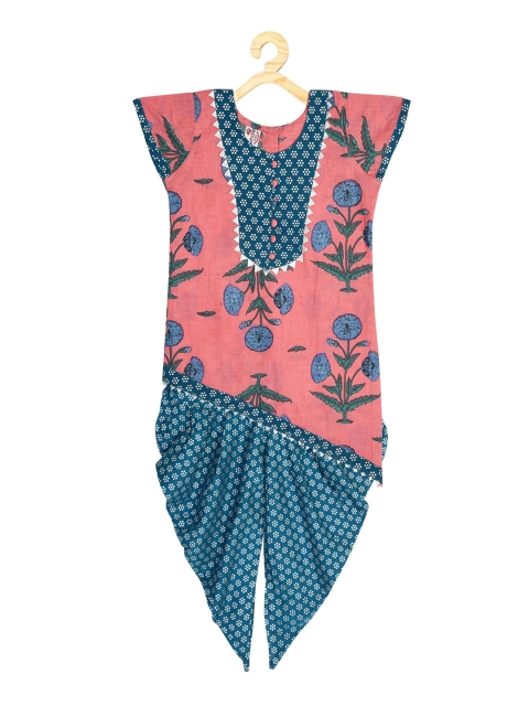 

Kinder Kids Girls Pink Floral Printed Pure Cotton Top with Dhoti Pants