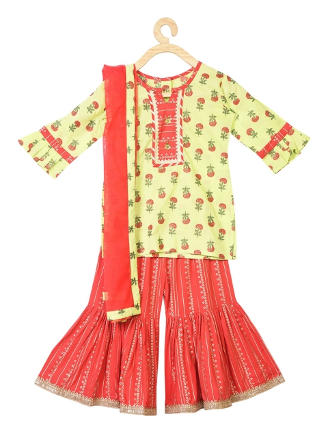 

Kinder Kids Girls Green Ethnic Motifs Printed Pure Cotton Kurti with Sharara & With Dupatta