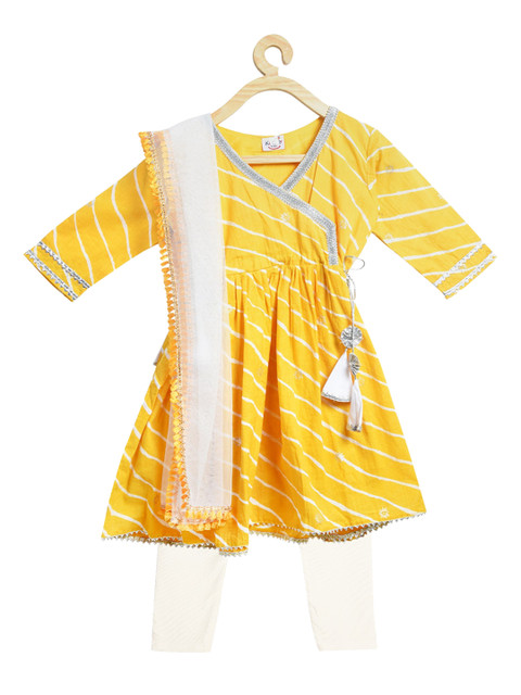 

Kinder Kids Girls Yellow Leheriya Angrakha Pure Cotton Kurti with Trousers & Dupatta