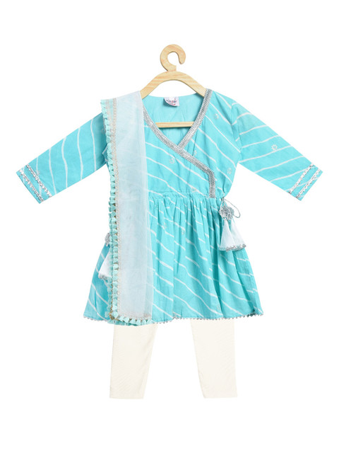 

Kinder Kids Girls Blue Yoke Design Angrakha Pure Cotton Kurta with Trousers & With Dupatta