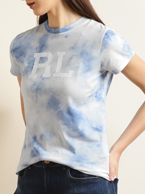 

Polo Ralph Lauren Women Blue & White Tie and Dye Printed Pure Cotton T-shirt