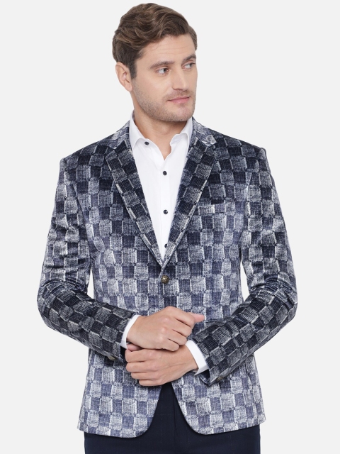 

MAXENCE Men Blue & White Checked Velvet Single-Breasted Party Blazer