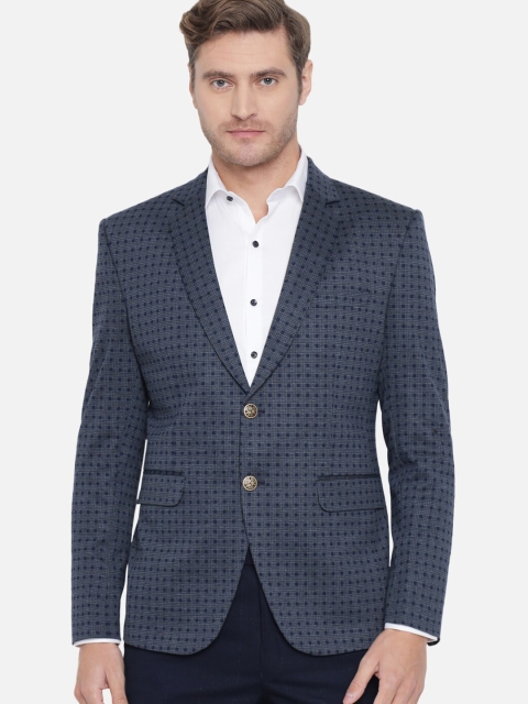 

MAXENCE Men Navy Blue Checked Single-Breasted Formal Blazer