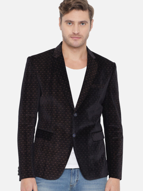 

MAXENCE Men Brown Jacquard Single-Breasted Velvet Party Blazer