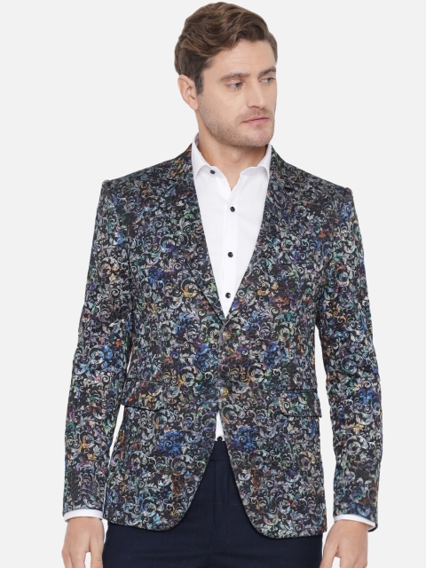 

MAXENCE Men Black & Blue Printed Single Breasted Blazer