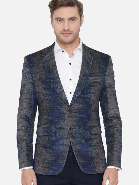 

MAXENCE Men Blue & Brown Self Design Single-Breasted Velvet Formal Blazer