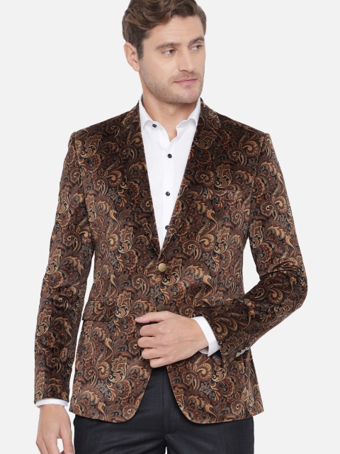 

MAXENCE Men Brown & Blue Printed Velvet Single-Breasted Party Blazer