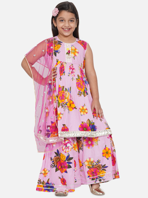 

Little Bansi Girls Pink Floral Printed Kurti with Sharara & With Dupatta