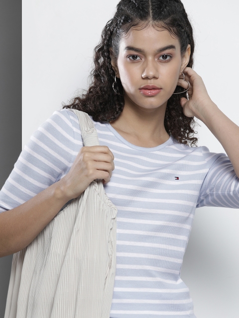 

Tommy Hilfiger Women Blue & White Striped Slim Fit T-shirt