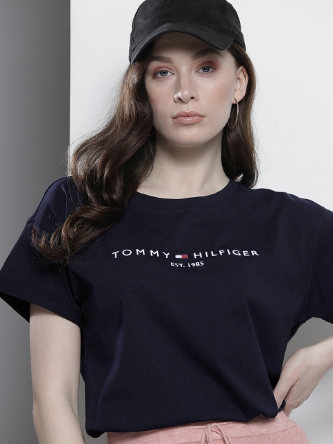 

Tommy Hilfiger Women Navy Blue & White Printed Extended Sleeves T-shirt