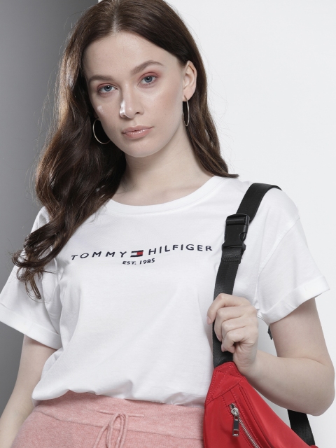 

Tommy Hilfiger Women White & Navy Blue Printed Extended Sleeves T-shirt