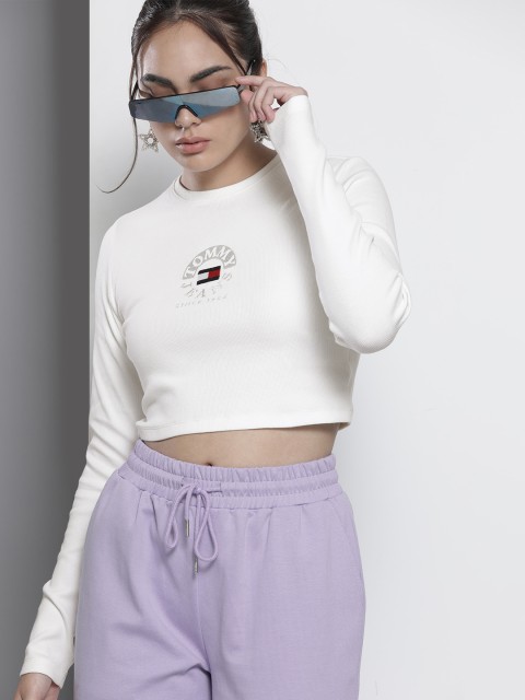 

Tommy Hilfiger Women White Ribbed Embroidered Crop T-shirt