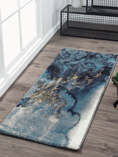 

OBSESSIONS Teal Blue & Gold Abstract Bedroom Floor Runner