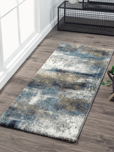 

OBSESSIONS Beige & Teal Blue Abstract Bedroom Floor Runner