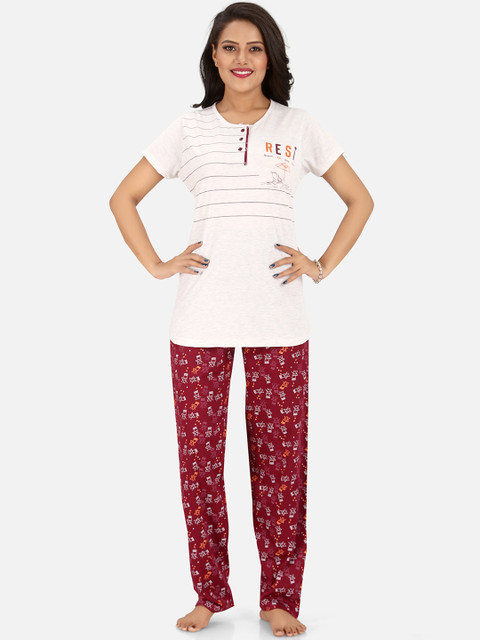 

Charak Women White & Red Printed Pure Cotton Night suit