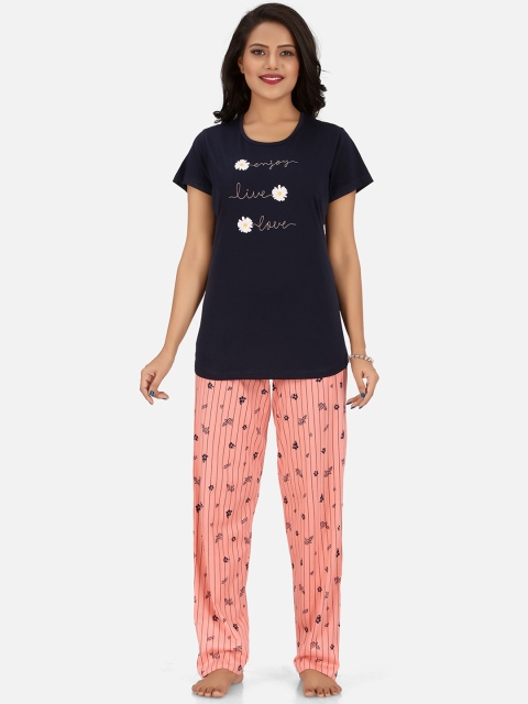 

Charak Women Navy Blue & Peach-Coloured Printed Pure Cotton Night suit