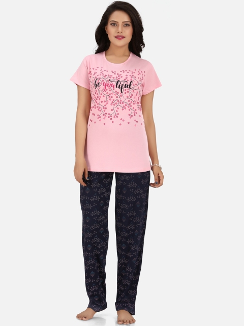 

Charak Women Pink & Black Pure Cotton Printed Night suit