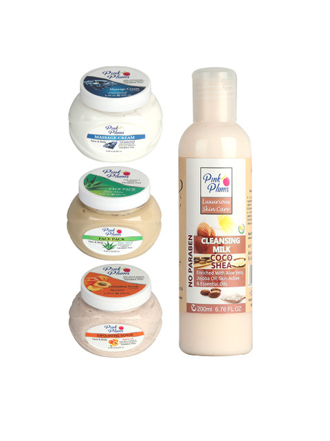

Pink Plums Pack Of 4 Diamond Aloevera Cocoshea Apricot Facial Kit, White