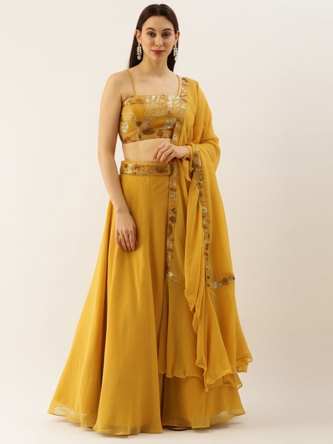 

panchhi Mustard & Gold-Toned Embroidered Sequinned Ready to Wear Lehenga & Blouse With Dupatta