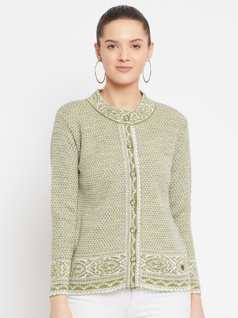 

Duke Women Green & White Cable Knit Cardigan Sweater