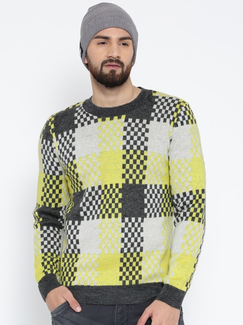 

United Colors of Benetton Men Charcoal Grey & Yellow Patterned Sweater