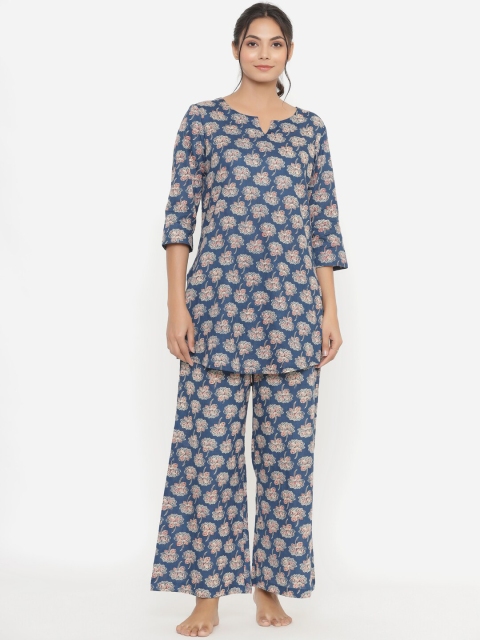 

JISORA Women Blue & Pink Printed Pure Cotton Night suit