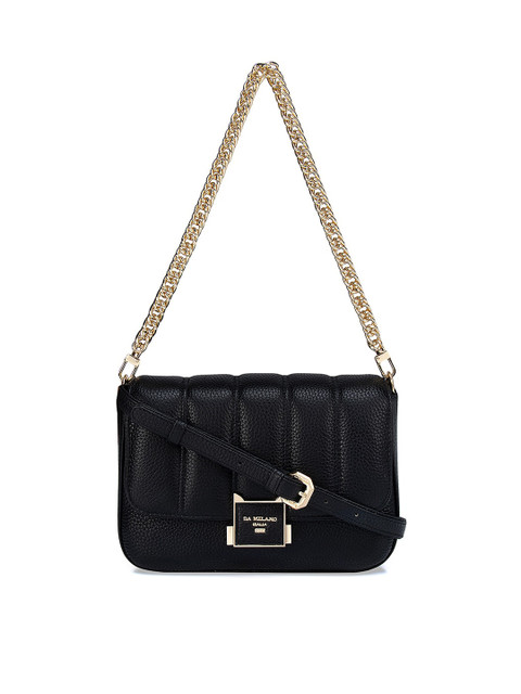 

Da Milano Black Textured Leather Structured Sling Bag with Quilted