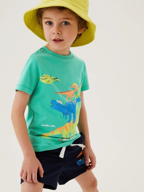 

Marks & Spencer Boys Green & Yellow Printed Pure Cotton T-shirt