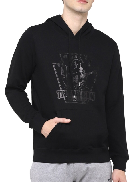 

True Religion Men Black Printed Hooded Pure Cotton Sweatshirt