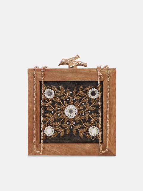 

ARTFLYCK Brown & Gold-Toned Embellished Embroidered Box Clutch