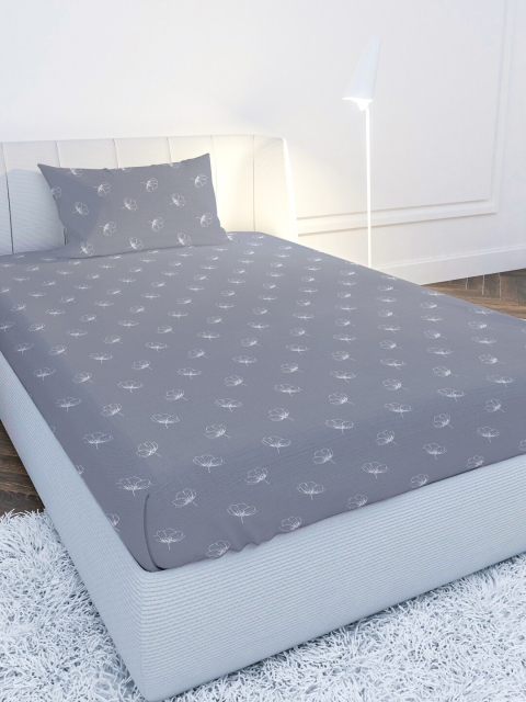

MAYFAIR HOMES LONDON Grey & White Floral 210 TC Single Bedsheet with 1 Pillow Covers