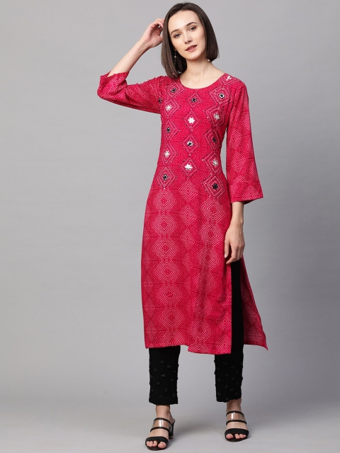 

FASHOR Women Pink Bandhani Printed Mirror Work Kurta