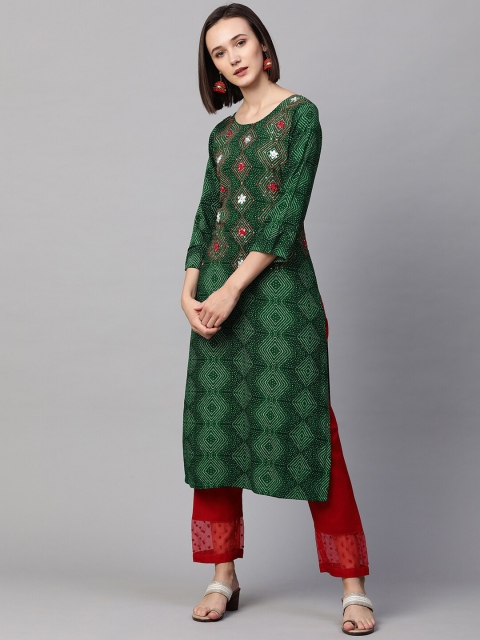 

FASHOR Women Green & Red Ethnic Motifs Printed Mirror Work Kurta